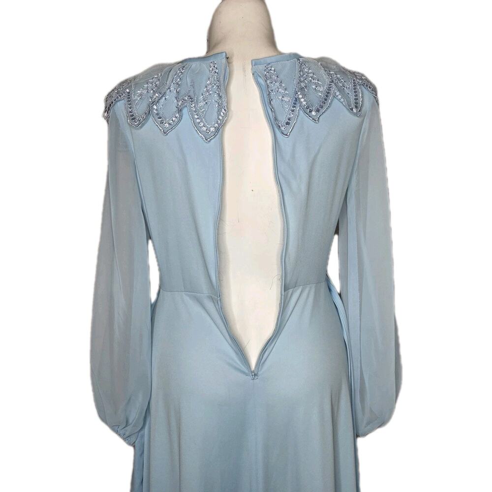 VTG 70s Baby Blue Maxi Dress w/ Sequin Applique Collar, sz Large - Picture 5 of 6